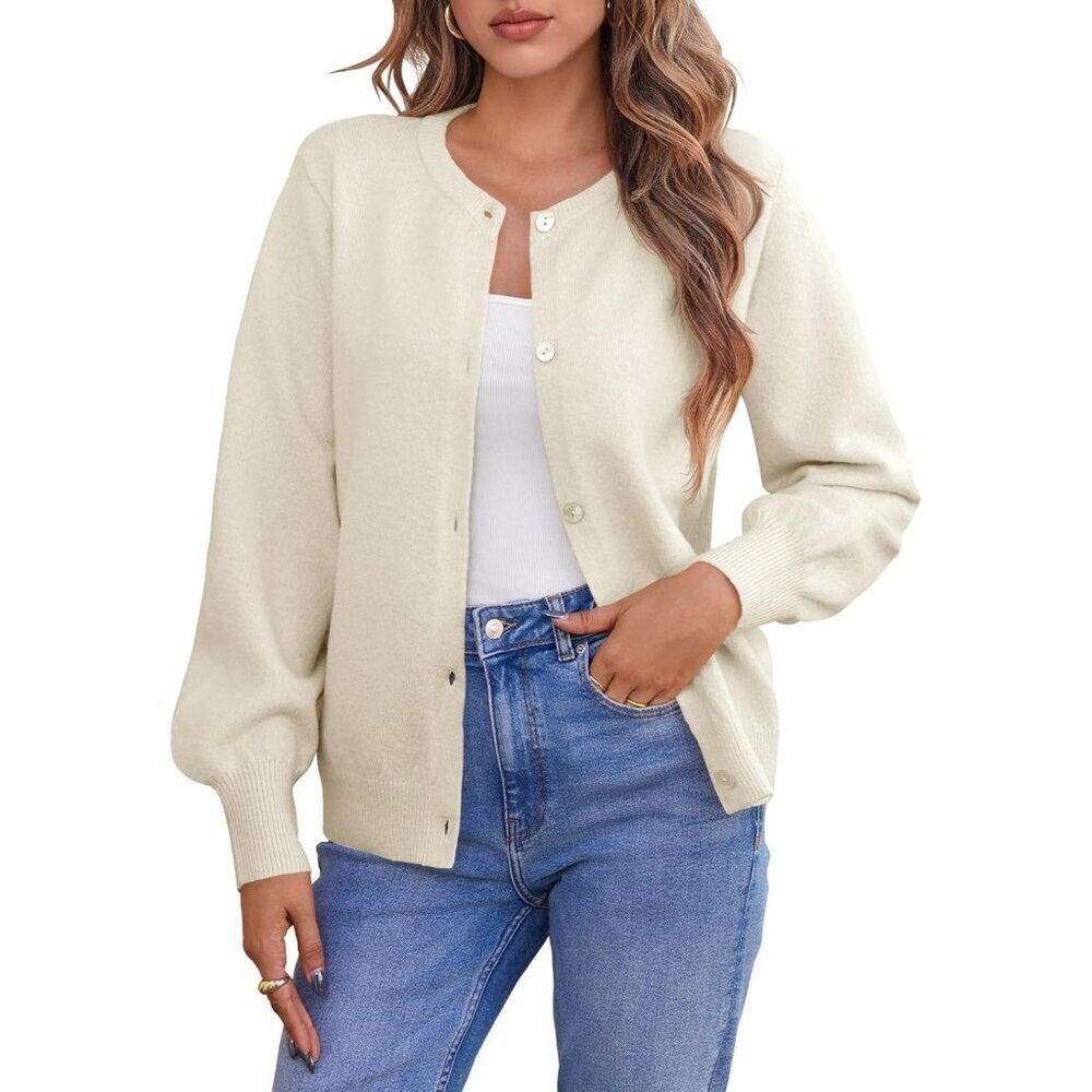 Womens Button Down Cardigan Sweater Loose Knit Fall Long Sleeve Crew Neck